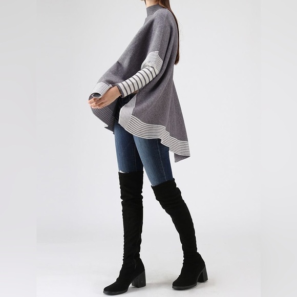 Zenana striped gray poncho women’s Xsmall new‎ - Picture 2 of 6